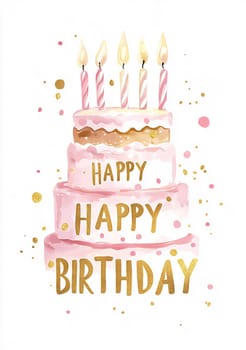 A pink multi-layered birthday cake adorned with golden lettering and candles, celebrating a joyful occasion.