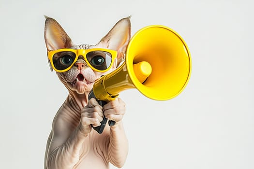 A playful cat dons oversized sunglasses while gripping a bright yellow megaphone, exuding a fun and quirky vibe.