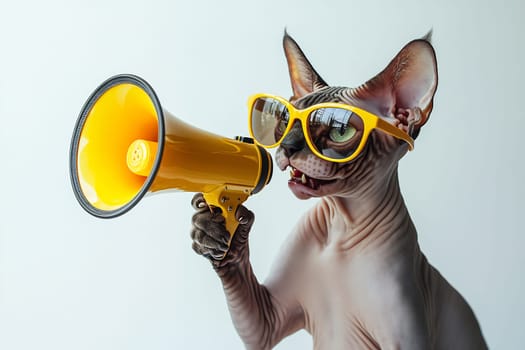 A cat wearing oversized glasses holds a yellow megaphone, appearing to announce something in a playful and humorous setting.