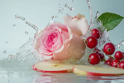 A pink rose sits amidst splashes of water, paired with apple slices and red berries, creating a refreshing and vibrant composition.