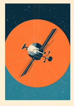 A stylized representation of a spacecraft traveling through deep space against a vibrant orange backdrop, illustrating exploration beyond Earth.