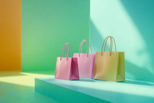 Three vibrant paper bags in pink and yellow are arranged on a stylish platform with a colorful background, showcasing a playful design.
