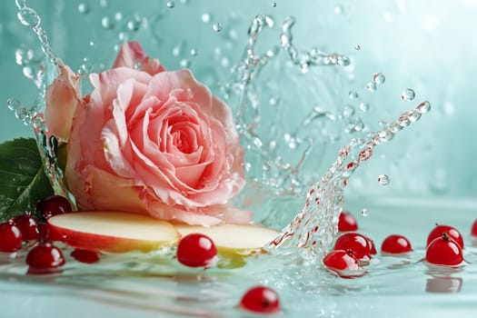 A pink rose rests on apple slices surrounded by red berries, all splashing through clear water, creating an artistic, refreshing scene.