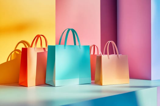 Brightly colored shopping bags rest on a surface against a backdrop of pastel walls, creating an inviting atmosphere.