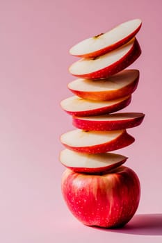 Red apple slices are stacked vertically on top of a whole apple against a soft pink background, creating an artistic culinary display.