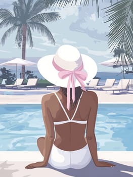 Woman sits by a tranquil pool, wearing a wide-brimmed hat and enjoying a scenic view of palm trees and lounge chairs.