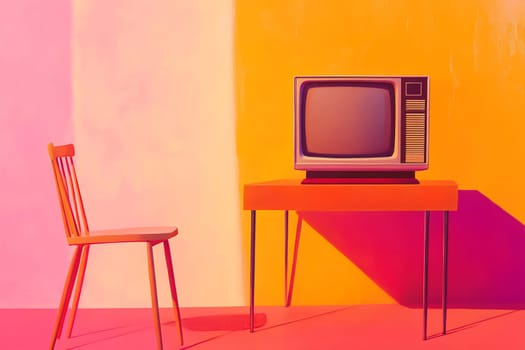 A colorful setup features a vintage television on an orange table beside a wooden chair against a bold pink and yellow background.