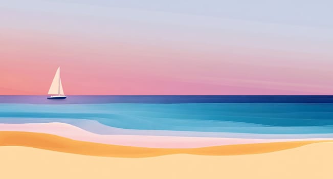 A sailboat moves gracefully over calm waves, set against a pastel sunset sky over a sandy beach.