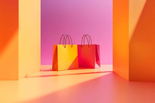 Two vibrant shopping bags stand against a colorful background, creating a cheerful and inviting atmosphere in a playful setting.