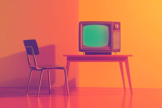 A retro television sits on a vibrant table, contrasting with a color-blocked wall. A wooden chair stands beside the setup in this stylish room.