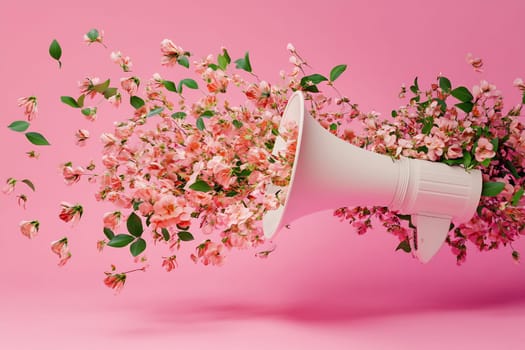 A megaphone emits a vibrant explosion of pink flowers and greenery against a bright pink background, symbolizing creativity and expression.