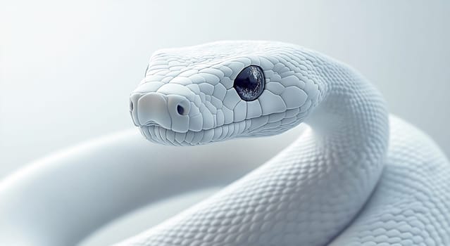 A striking white snake twists gracefully against a soft backdrop, showcasing its smooth scales and piercing eyes, embodying elegance and mystery.