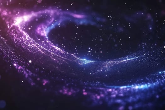 A vibrant swirl of cosmic colors showcases a blend of purple, blue, and white stars against a dark background, creating an ethereal effect.