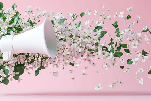 A white megaphone surrounded by a mix of delicate white flowers and green leaves, creating an energetic burst against a pink background.