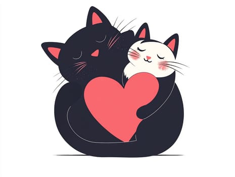 Two cartoon cats cuddle together, embracing each other joyfully while holding a red heart, symbolizing affection and companionship.