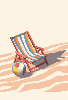 A vibrant striped lounge chair rests on soft sand beside a bright beach ball, perfect for a sunny day at the coast.