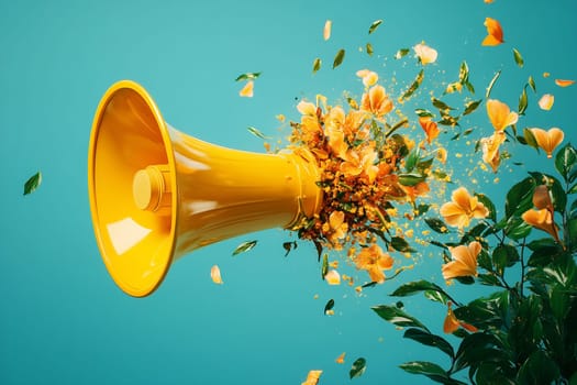 A vibrant yellow megaphone bursts with colorful flowers and leaves against a blue background, creating a lively and artistic composition.