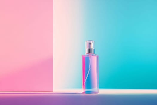 A spray bottle stands prominently against a gradient background of pink and blue colors, showcasing its sleek design and contents.