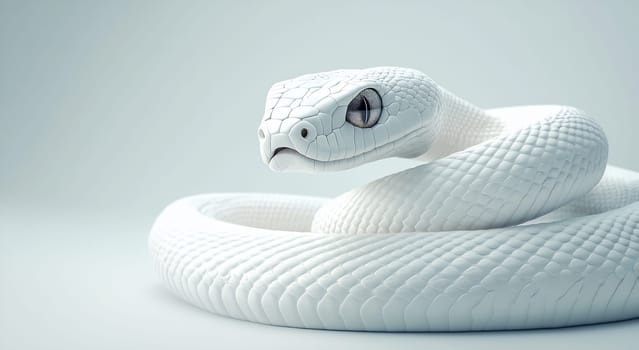A striking white snake is coiled elegantly on a soft light surface, showcasing its unique scales and captivating eyes.
