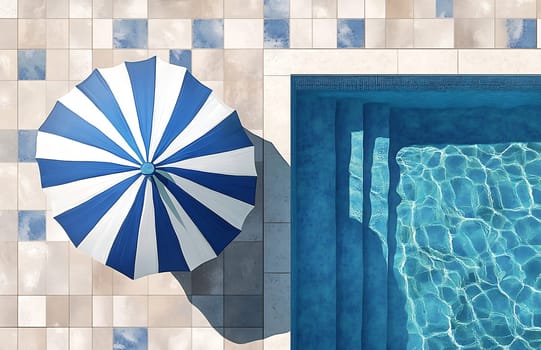 A striped umbrella provides shade near a clear blue pool, reflecting the sunlight against tiled surfaces in a tranquil setting.
