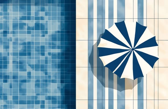 Overhead view of a blue mosaic pool with a striped umbrella and patterned tiles, evoking a relaxed summer atmosphere.