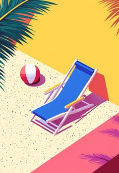 A blue lounge chair sits on fine sand, accompanied by a beach ball, surrounded by vibrant tropical colors and palm leaves.