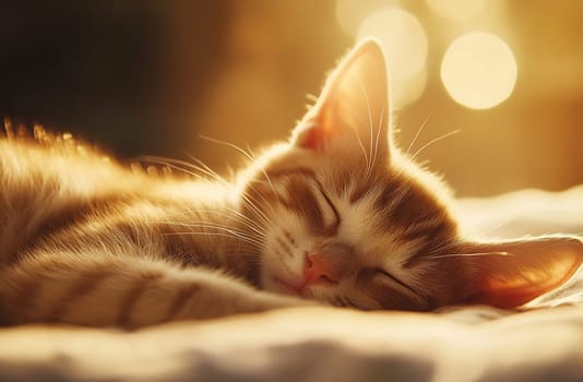 A small, striped kitten rests peacefully, bathed in warm golden sunlight, creating a serene and cozy atmosphere.