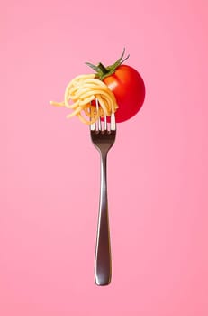 A fork holds a small serving of spaghetti with a cherry tomato, set against a vibrant pink background, creating a playful culinary display.