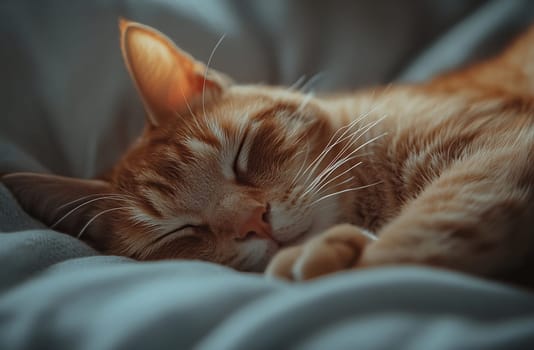 A ginger cat is curled up, peacefully sleeping on a soft blanket, enjoying a moment of tranquility indoors.