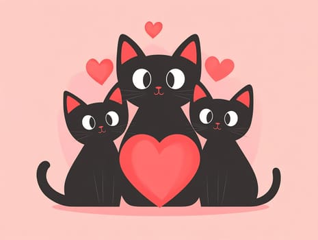 Three black cats surrounded by hearts express affection. Their playful features create a charming atmosphere for celebrating love.