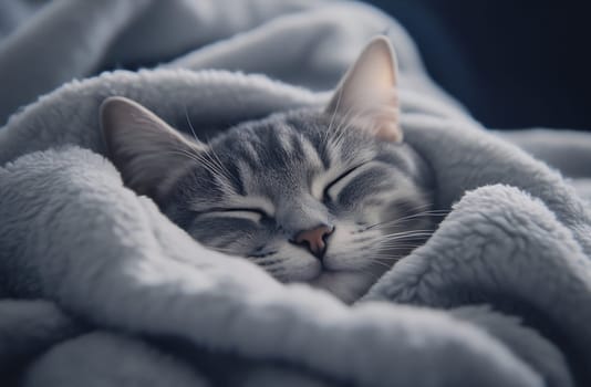 A gray striped cat snuggles deeply in a soft blanket, eyes closed, enjoying a peaceful nap in a warm, tranquil setting.