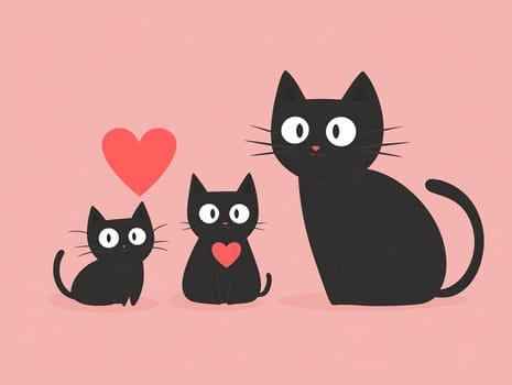 Three black cats are displayed against a pink background, showing affection with a heart symbol beside them.