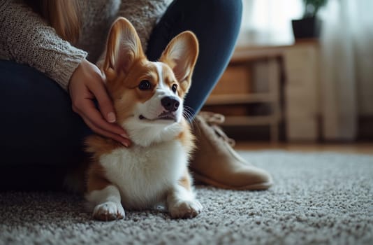 A person gently pets a corgi while sitting on a soft carpet in a warmly lit room, creating a relaxing moment together.