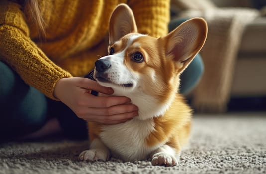 A person gently pets a happy corgi in a cozy living room. Soft lighting creates a warm atmosphere for bonding.