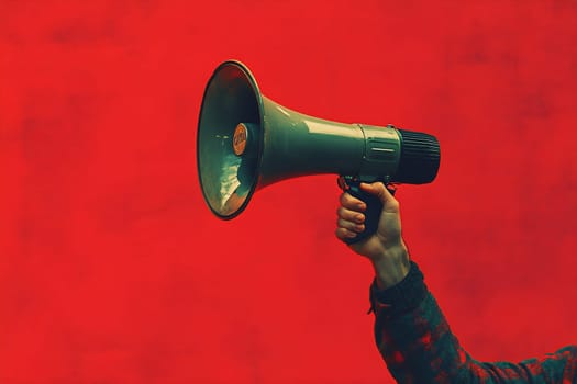 A person raises a megaphone, ready to speak or make an announcement, with a vibrant red background enhancing the message.