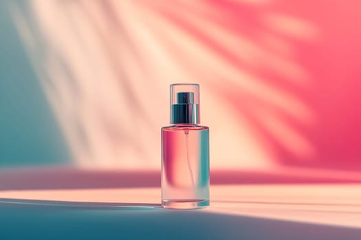 A clear perfume bottle stands alone, reflecting soft hues in warm light, creating an artistic atmosphere and highlighting its delicate design.