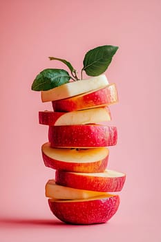A stack of red apple slices arranged vertically, featuring green leaves on top against a pink background, highlighting freshness and color.