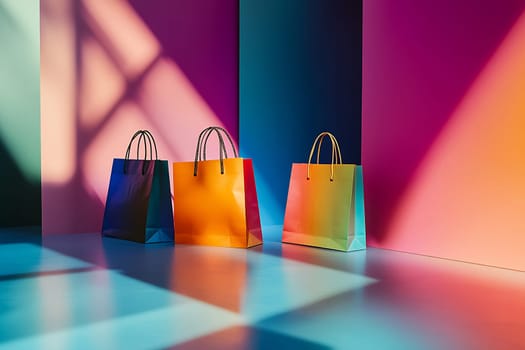 Three creatively designed shopping bags rest on a surface illuminated by colorful light patterns, creating a lively atmosphere of design and color.