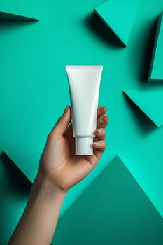 A hand presents a white skincare tube against a vibrant teal background with geometric shapes, showcasing a minimalist aesthetic.