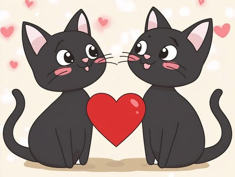 Two adorable black cats face each other with joyful expressions, surrounded by hearts, celebrating friendship and affection.