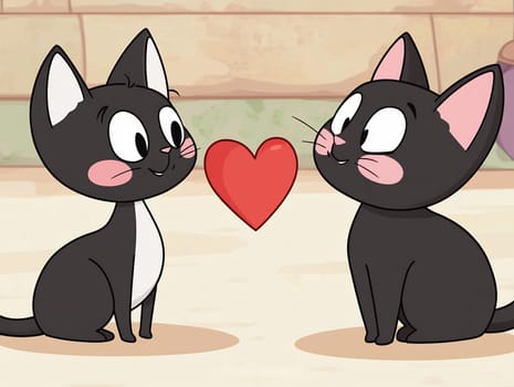 Two animated black cats sit facing each other, gazing lovingly with a heart symbol between them, depicting a sweet connection.