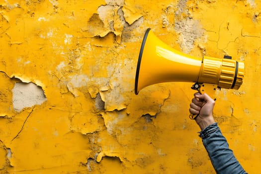 A person enthusiastically raises a yellow megaphone against a textured yellow wall, creating an energetic atmosphere during a call to action.