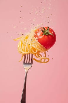 A fork lifts spaghetti with a ripe tomato on top, surrounded by a sprinkle of cheese and herbs against a pink background.