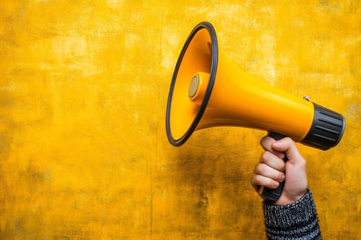 A hand holds a vibrant yellow megaphone against a textured yellow wall, emphasizing communication and expression.