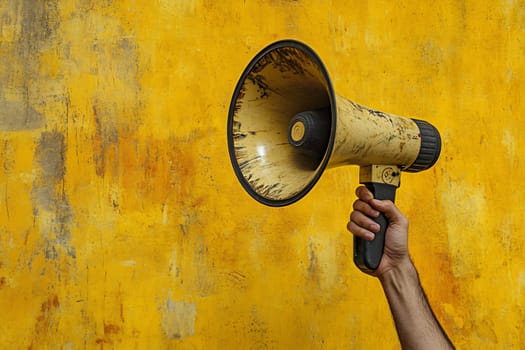 A person holds a megaphone against a vibrant yellow wall, showcasing a call to attention or announcement.