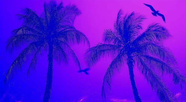 Tropical palm trees stand tall against a vibrant purple sunset, with birds soaring gracefully in the colorful sky.