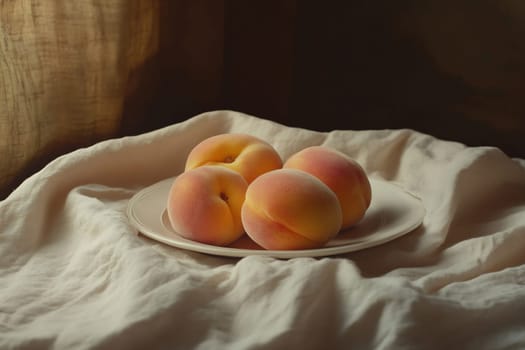 Four ripe peaches rest on a plate, surrounded by a soft cloth, illuminated by warm, natural light.
