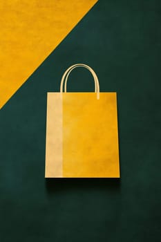 A yellow shopping bag rests against a deep green backdrop, creating a striking visual contrast that highlights its simple design.