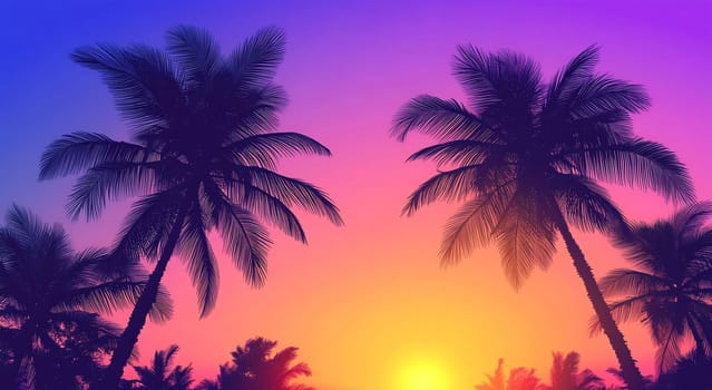 Palm trees silhouetted against a colorful sunset, showcasing vibrant hues of orange, purple, and pink in the evening sky.