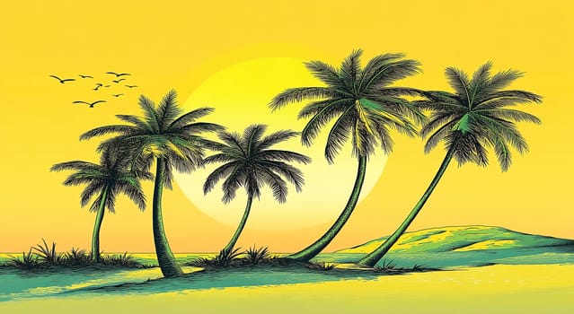 Palm trees stand tall against a golden sunset, creating a peaceful tropical atmosphere with gentle hills in the background.